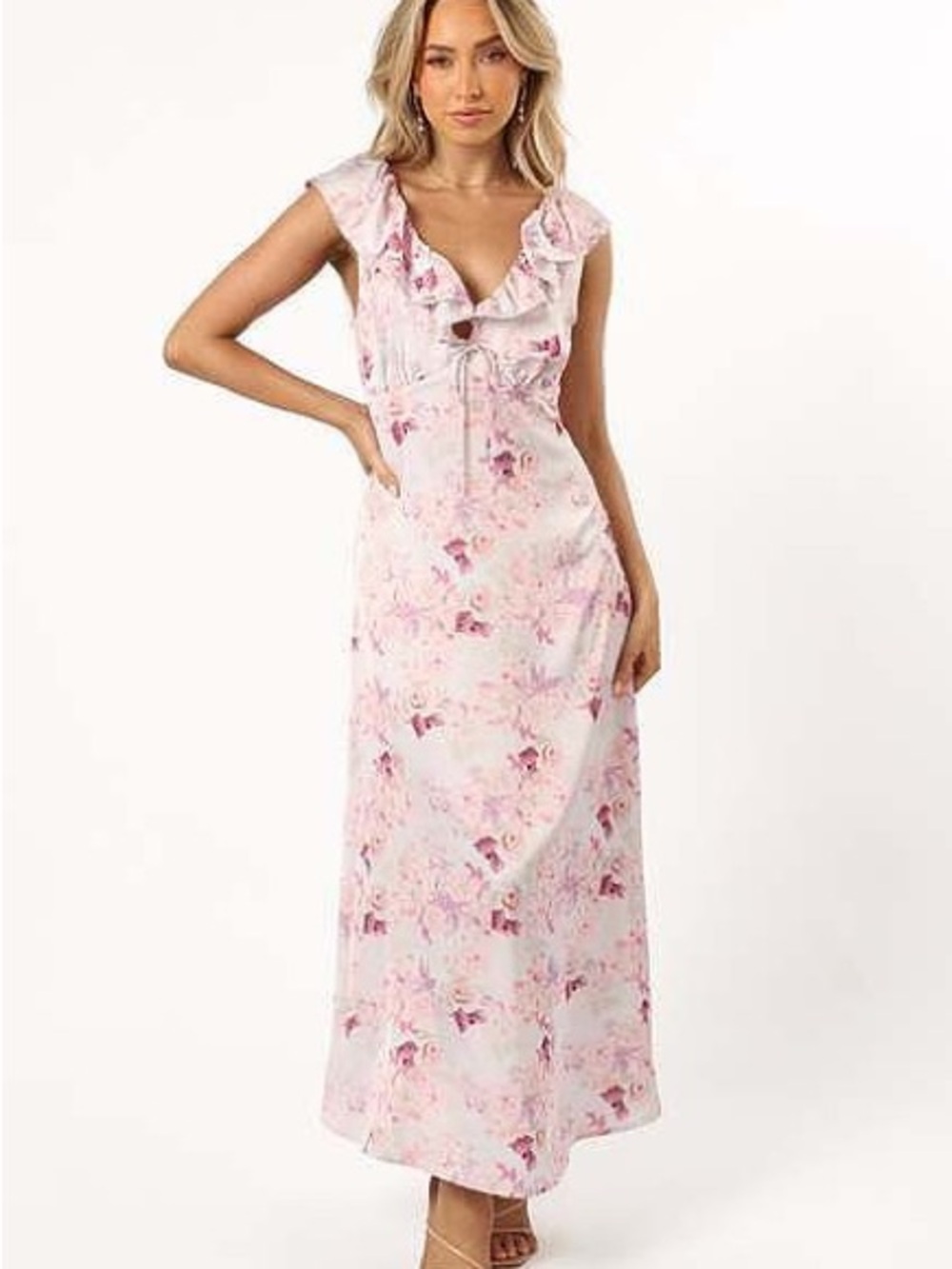 Petal and Pup Ariellah Floral Ruffle V-Neck Maxi Dress in Light Pink